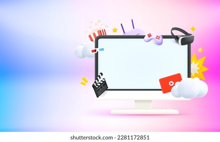 Computer monitor with video entertainment elements and blank screen. 3d vector banner with copy space
