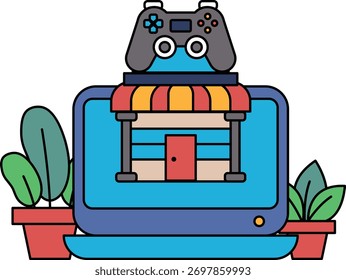 A computer monitor with a video game controller on top of it. The image is of a store with a red door and a green sign