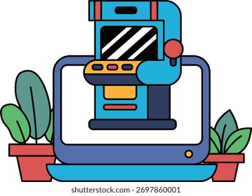 A computer monitor with a video game machine on it. The game machine is blue and yellow