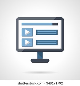 Computer monitor with video player buttons or display. Flat color vector icon for v-blog, social media. Single web design element for mobile app or website.