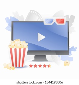 Computer monitor with video player, striped bucket and 3D movie glasses. Online video streaming concept. Vector illustration in modern flat gradient style. 