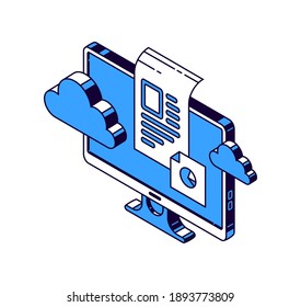 Computer monitor, virtual cloud and documents with information, isometric vector icons