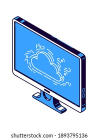 Monitor informático, nube virtual y documentos con información, iconos vectoriales isométricos