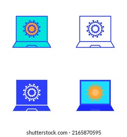 Computer monitor with virus symbol icon set in flat and line style. Infected laptop symbol. Vector illustration.