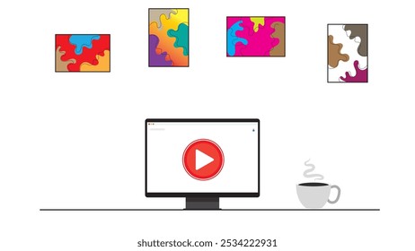 computer monitor watching videos , relaxed and calm isolated on a white background and wallart aesthetic suitable for website design and mockup design 