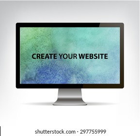 Computer monitor with watercolor background. Creativity concept with colorful computer screen. Artist at work. Symbol of visual art. Vector illustration.