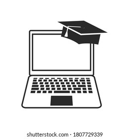 Computer Monitor wearing Graduation Cap, Online Learning. Flat Vector Icon illustration.