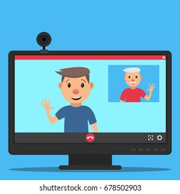 Computer monitor and web camera. The interface of the video call application. Videochat between father and son. Vector illustration in a flat style