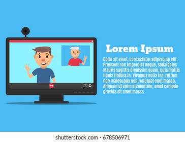 Computer monitor and web camera. The interface of the video call application. Video chat between father and son. Vector illustration in a flat style