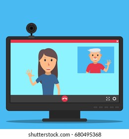 Computer monitor and web camera. The interface of the video call application. Video chat between father and daughter. Young woman talking with her father. Vector illustration in a flat style