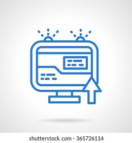 Computer monitor with web page and pointer. Search an information, internet marketing and  advertising. Simple blue line style vector icon. Web design element for website and mobile app.