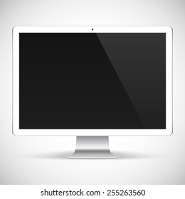 computer monitor white color for system unit with black screen and flare isolated on grey background. detailed and realistic devices mockup. stock vector illustration