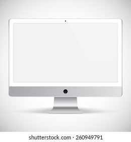 computer monitor white color for system unit with blank screen and flare isolated on grey background. realistic and detailed devices mockup. stock vector illustration