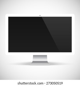 computer monitor white color for system unit with black screen and flare isolated on grey background. detailed and realistic devices mockup. stock vector illustration