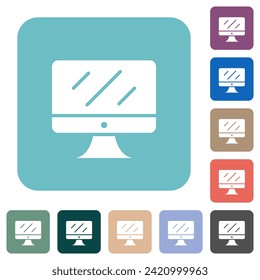 Computer monitor white flat icons on color rounded square backgrounds