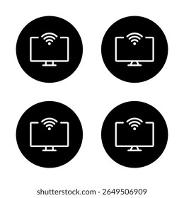 Computer monitor with wifi icon set. Wireless internet connection symbol in black circle