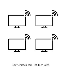 Computer monitor with WiFi signal icon in outline style. Digital connection and wireless display concept