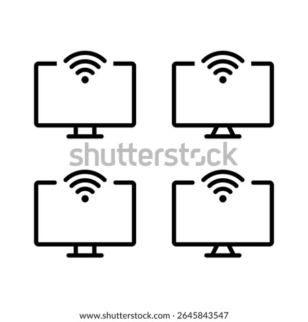 Computer monitor with WIFI signal icon set in line style. Desktop PC screen with wireless network symbol