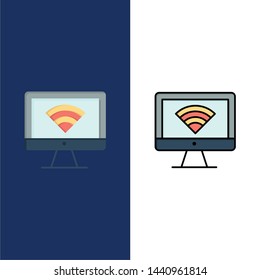 Computer, Monitor, Wifi, Signal  Icons. Flat and Line Filled Icon Set Vector Blue Background