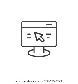 Computer monitor window with mouse pointer. Linear design symbol with thin line and monochrome outline minimal style. Editable stroke.