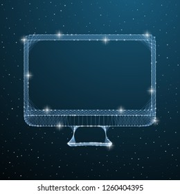 Computer monitor wireframe device with lines and dots. Front view low poly digital display. Vector mesh laptop screen for design, web. Poligonal blue lcd monitor on dark star sky