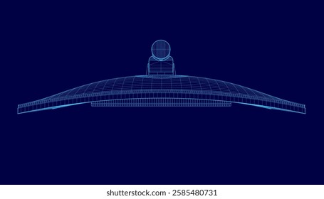 A computer monitor wireframe is displayed in blue. The monitor is a high-quality device that is designed for use in a professional setting. The keyboard is large and easy to use. Top view.