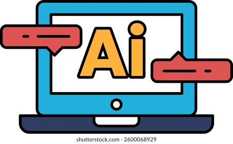 A computer monitor with the word AI written on it. The word AI is surrounded by red and orange speech bubbles