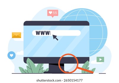 Computer monitor with WWW in search bar, cursor icon, magnifying glass, globe, and social media icons on white background. Concept of internet browsing. Vector illustration