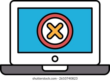 A computer monitor with an X on it. The X is red and yellow. The monitor is blue