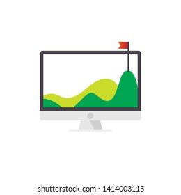 Computer monitoring with mountain and flag on top desktop in flat icon design