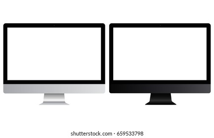 Computer monitors Apple iMac grey and black mockups isolated - front view. This templates useful for presenting your designs or showing off your screenshots. Vector illustration