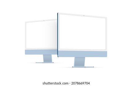 Computer Monitors Blue Mockups With Perspective Side View Isolated on White Background. Vector Illustration