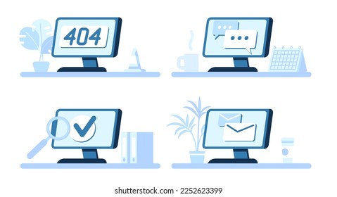 Computerbildschirme. Desktop mit Korrespondenzbenachrichtigung. PC-Fehler. Digitaler Chat. Suchmaschine und Seite wurde nicht gefunden 404. E-Mail-Brief. Webbotschafter. Netzwerktechnologie