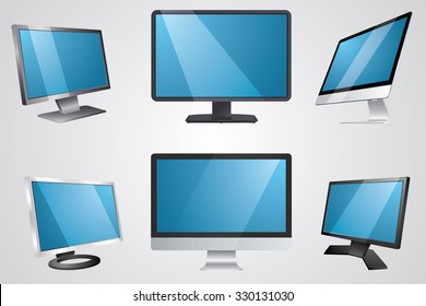 computer monitors in difference design, blue screen