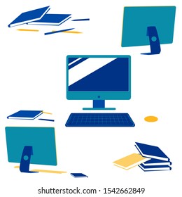 Computer monitors in different angles with books, diaries, pens nearby, vector illustration in blue and yellow tones on a white isolated background in flat style