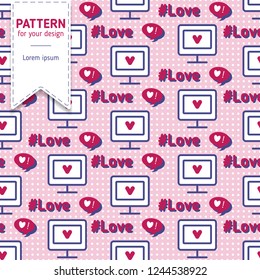 Computer monitors with hearts seamless pattern on pink dotted background. Cute romantic flat vector illustration.