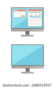 Computermonitore mit Schnittstellenstatus. Business Dashboard-Analysen und Diagramme. Browser mit Datenvisualisierung und leerem Bluescreen. Arbeitsfläche wird für Arbeitsbereich angezeigt. Vektorgrafik einzeln.