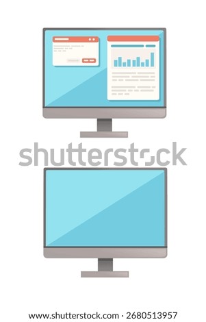 Computer monitors with interface states. Business dashboard analytics and charts. Browser with data visualization and empty blue screen. Desktop displays for workspace. Vector illustration isolated.