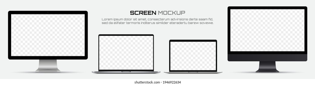 Computer monitors and laptops with blank screen. Mockup of screen device