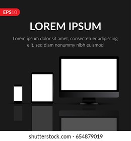 Computer monitors, laptops, tablets and mobile phones realistic set vector design template. Electronic gadgets isolated on dark background with text for advertising or banner.