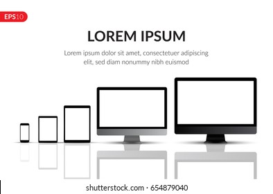 Computer monitors, laptops, tablets and mobile phones realistic vector design template. Electronic gadgets isolated on white background with text for advertising or banner.