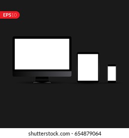 Computer monitors, laptops, tablets and mobile phones realistic set vector design template. Electronic gadgets isolated on dark background for advertising or banner.