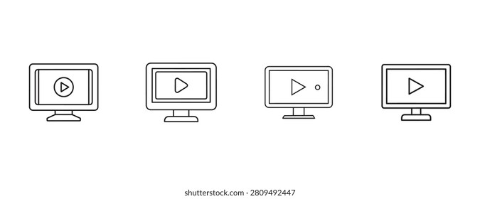 computer monitors with play buttons on screens various playback icons on four different computer displays