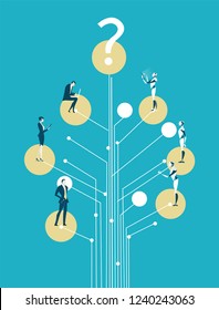 Computer mother board chip with people and robots on key positions, working together for the success. Humans vs robots