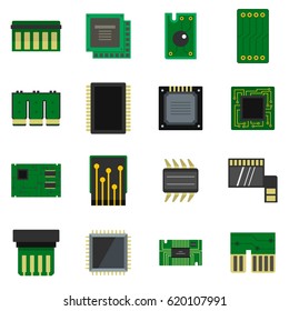 Computer mother board chips icons set. Flat illustration of computer mother board chips vector icons set isolated on white background