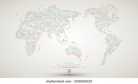 Computer Motherboard Circuit Board Electronic Elements. Chip Electronic Pattern For Computer Technology, Motherboard Integrated Computing Illustration World Map, Abstract Vector Technology Background.