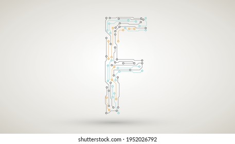 Letra F de los elementos electrónicos de la tarjeta madre del equipo. Patrón electrónico de chip para la tecnología informática, ilustración de computación integrada de motherboard, icono de tecnología de vector abstracto.