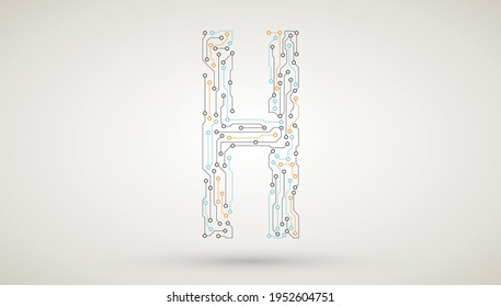 Computer motherboard circuit board electronic elements letter H. Chip electronic pattern for computer technology, motherboard integrated computing illustration, Abstract vector technology icon.