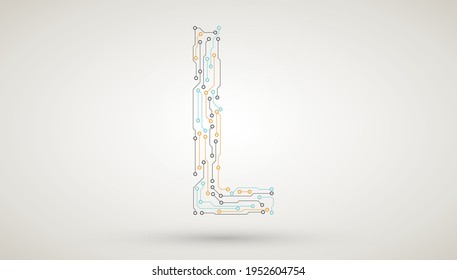 Elektronische Elemente der Hauptplatine des Computers Buchstaben L. Chip elektronisches Muster für die Computertechnologie, integrierte Computergrafik auf dem Motherboard, Symbol für abstrakte Vektortechnologie.