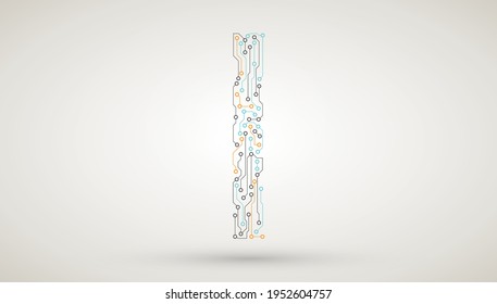 Computer motherboard circuit board electronic elements letter I. Chip electronic pattern for computer technology, motherboard integrated computing illustration, Abstract vector technology icon.